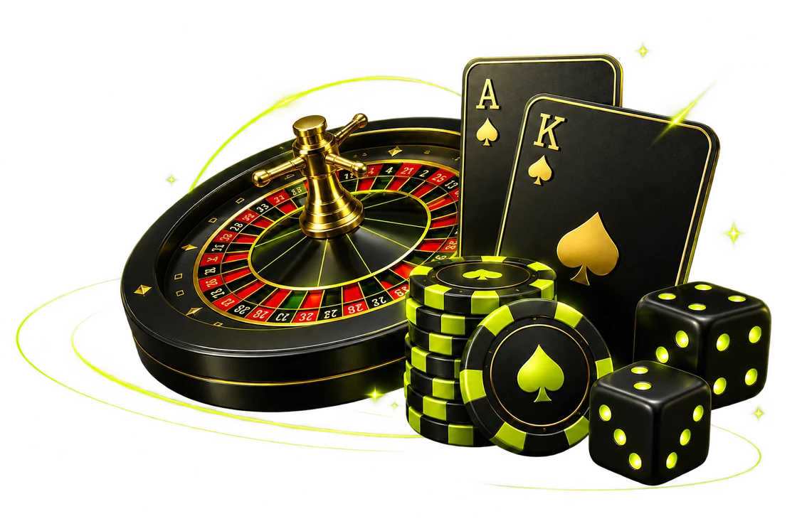 Roulette wheel, playing cards, casino chips and dice illustration